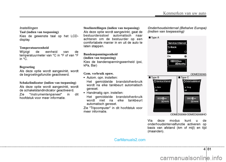 Hyundai Grand Santa Fe 2015  Handleiding (in Dutch) 481
Kenmerken van uw auto
Instellingen
Taal (indien van toepassing) 
Kies de gewenste taal op het LCD- 
display. 
Temperatuureenheid 
Wijzigt de eenheid van de 
temperatuurmeter van °C in °F of van 