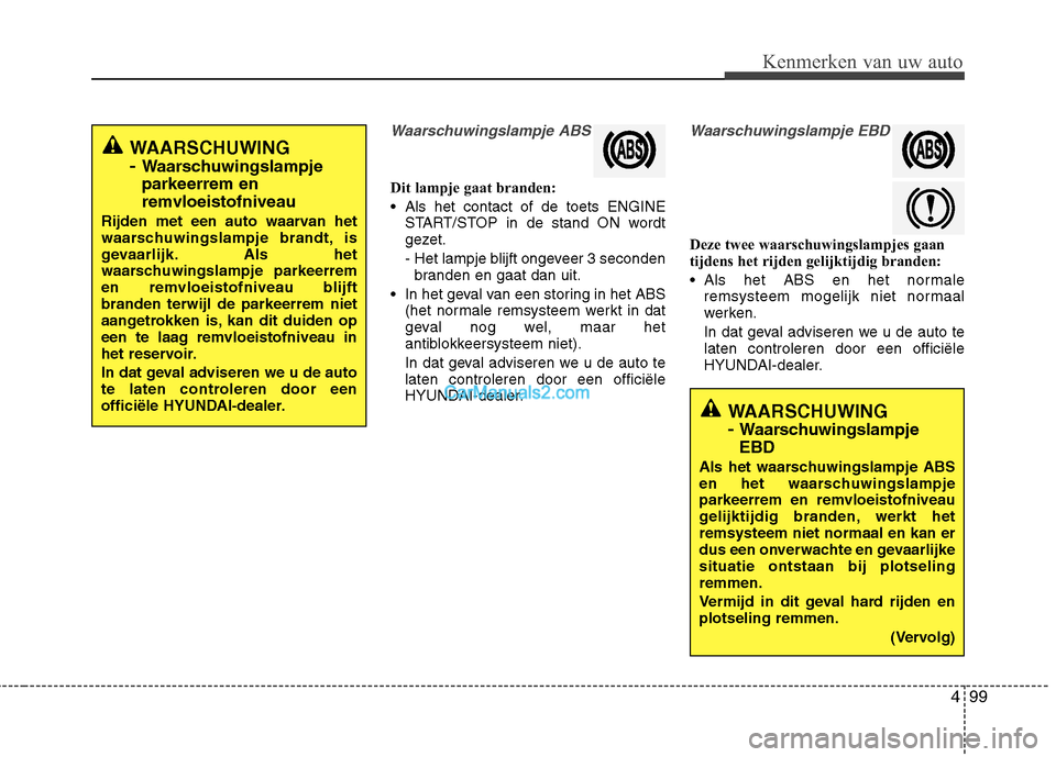 Hyundai Grand Santa Fe 2015  Handleiding (in Dutch) 499
Kenmerken van uw auto
Waarschuwingslampje ABS
Dit lampje gaat branden: 
 Als het contact of de toets ENGINESTART/STOP in de stand ON wordt 
gezet. 
- Het lampje blijft ongeveer 3 seconden
branden 