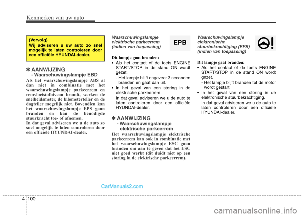 Hyundai Grand Santa Fe 2015  Handleiding (in Dutch) Kenmerken van uw auto
100
4
✽✽
AANWIJZING
- Waarschuwingslampje EBD
Als het waarschuwingslampje ABS al 
dan niet in combinatie met het
waarschuwingslampje parkeerrem en
remvloeistofniveau brandt, 