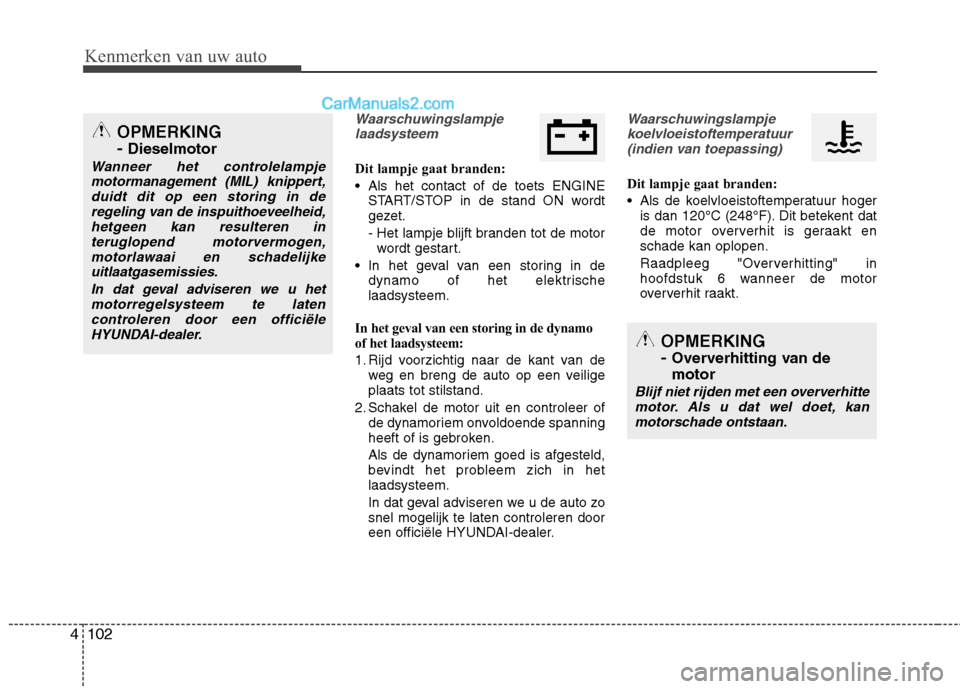 Hyundai Grand Santa Fe 2015  Handleiding (in Dutch) Kenmerken van uw auto
102
4
Waarschuwingslampje
laadsysteem
Dit lampje gaat branden: 
 Als het contact of de toets ENGINE START/STOP in de stand ON wordt 
gezet. 
- Het lampje blijft branden tot de mo
