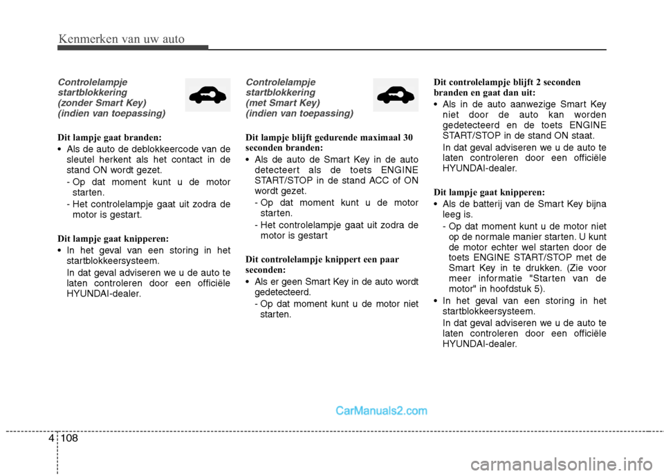 Hyundai Grand Santa Fe 2015  Handleiding (in Dutch) Kenmerken van uw auto
108
4
Controlelampje
startblokkering (zonder Smart Key) (indien van toepassing)
Dit lampje gaat branden: 
 Als de auto de deblokkeercode van de sleutel herkent als het contact in