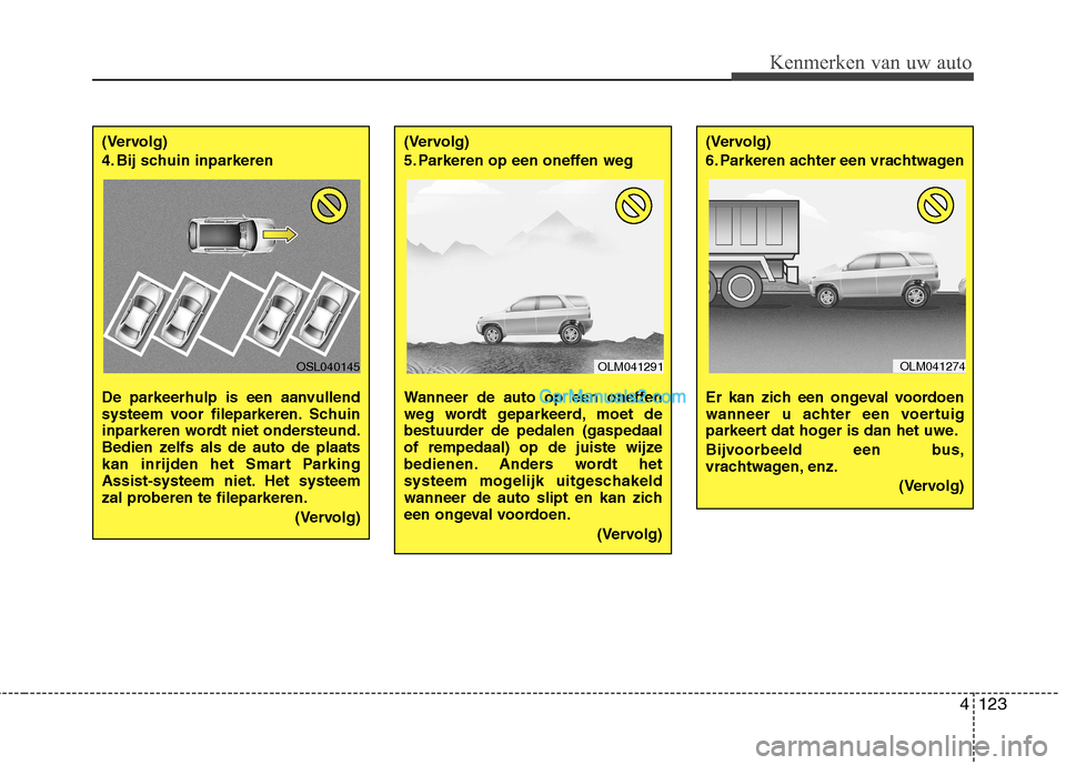 Hyundai Grand Santa Fe 2015 Handleiding (in Dutch) 4123
Kenmerken van uw auto
(Vervolg)
4. Bij schuin inparkeren
De parkeerhulp is een aanvullend
systeem voor fileparkeren. Schuin
inparkeren wordt niet ondersteund.
Bedien zelfs als de auto de plaa Hyundai Grand Santa Fe 2015 Handleiding (in Dutch) 4123
Kenmerken van uw auto
(Vervolg)
4. Bij schuin inparkeren
De parkeerhulp is een aanvullend
systeem voor fileparkeren. Schuin
inparkeren wordt niet ondersteund.
Bedien zelfs als de auto de plaa