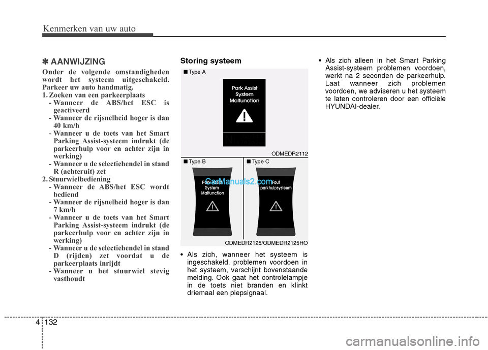 Hyundai Grand Santa Fe 2015  Handleiding (in Dutch) Kenmerken van uw auto
132
4
✽✽
AANWIJZING
Onder de volgende omstandigheden 
wordt het systeem uitgeschakeld.
Parkeer uw auto handmatig.
1. Zoeken van een parkeerplaats - Wanneer de ABS/het ESC isg