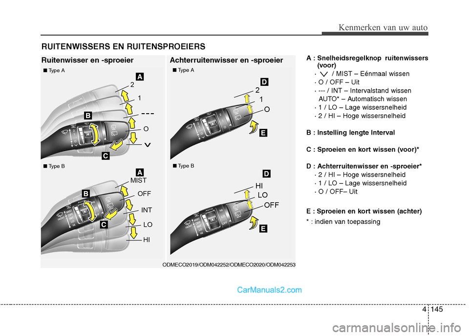 Hyundai Grand Santa Fe 2015 Handleiding (in Dutch) 4145
Kenmerken van uw auto
A : Snelheidsregelknop ruitenwissers(voor)
· / MIST – Eénmaal wissen · O / OFF – Uit
· --- / INT – Intervalstand wissen AUTO* – Automatisch wissen
· 1 / LO †Hyundai Grand Santa Fe 2015 Handleiding (in Dutch) 4145
Kenmerken van uw auto
A : Snelheidsregelknop ruitenwissers(voor)
· / MIST – Eénmaal wissen · O / OFF – Uit
· --- / INT – Intervalstand wissen AUTO* – Automatisch wissen
· 1 / LO â€