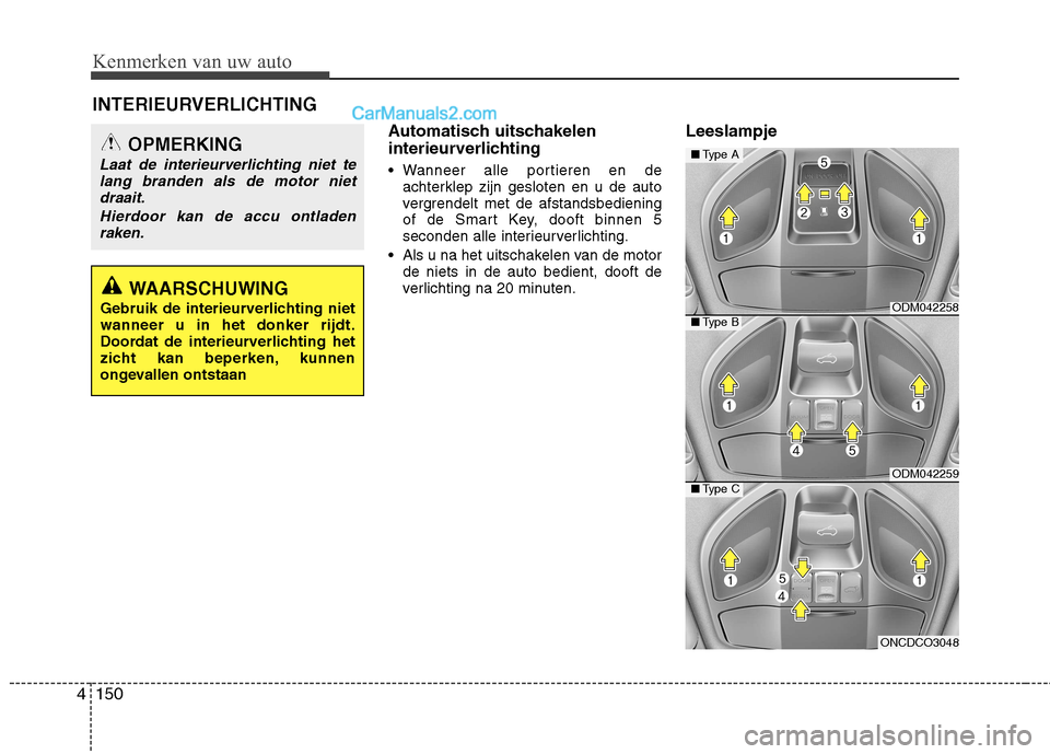 Hyundai Grand Santa Fe 2015 Handleiding (in Dutch) Kenmerken van uw auto
150
4
Automatisch uitschakelen
interieurverlichting
Wanneer alle portieren en de
achterklep zijn gesloten en u de auto
vergrendelt met de afstandsbediening
of de Smart Key, d Hyundai Grand Santa Fe 2015 Handleiding (in Dutch) Kenmerken van uw auto
150
4
Automatisch uitschakelen
interieurverlichting
Wanneer alle portieren en de
achterklep zijn gesloten en u de auto
vergrendelt met de afstandsbediening
of de Smart Key, d