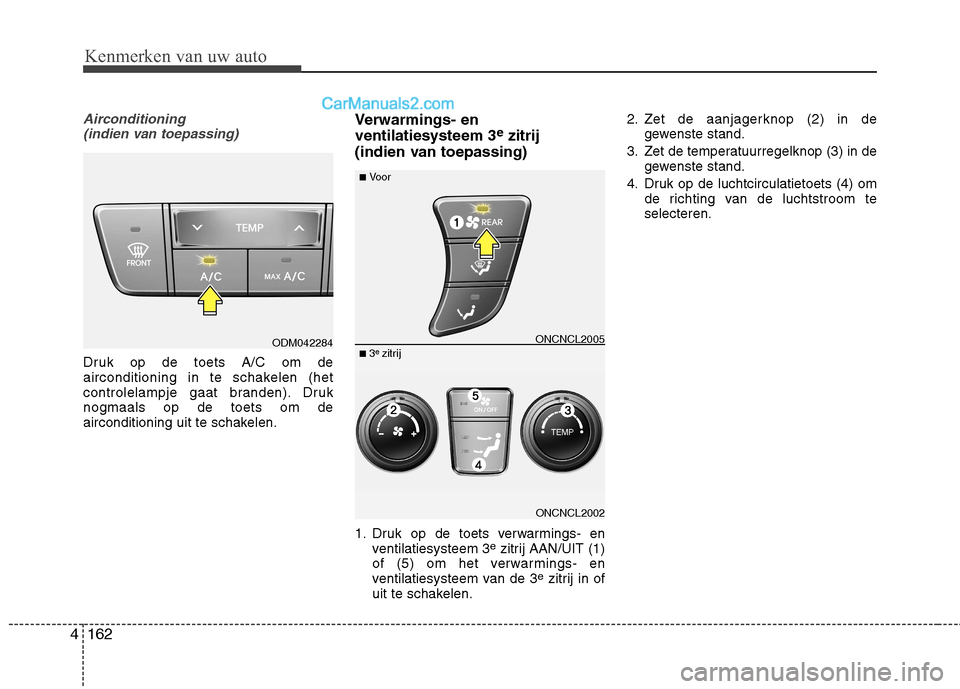 Hyundai Grand Santa Fe 2015  Handleiding (in Dutch) Kenmerken van uw auto
162
4
Airconditioning 
(indien van toepassing)  
Druk op de toets A/C om de 
airconditioning in te schakelen (het
controlelampje gaat branden). Druknogmaals op de toets om de
air