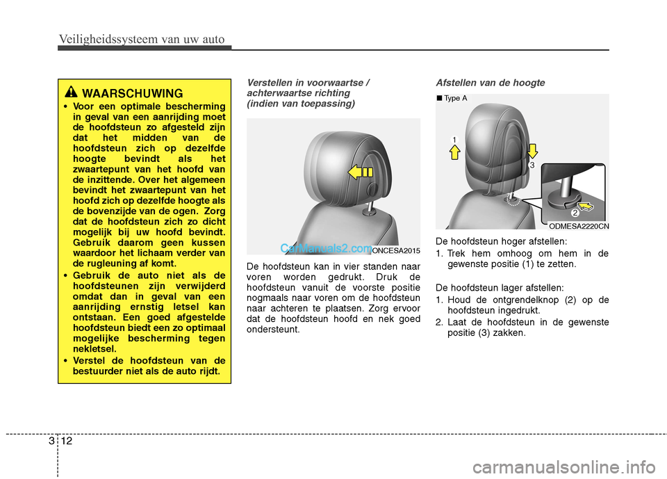 Hyundai Grand Santa Fe 2015  Handleiding (in Dutch) Veiligheidssysteem van uw auto
12
3
Verstellen in voorwaartse /
achterwaartse richting (indien van toepassing)
De hoofdsteun kan in vier standen naar 
voren worden gedrukt. Druk de
hoofdsteun vanuit d