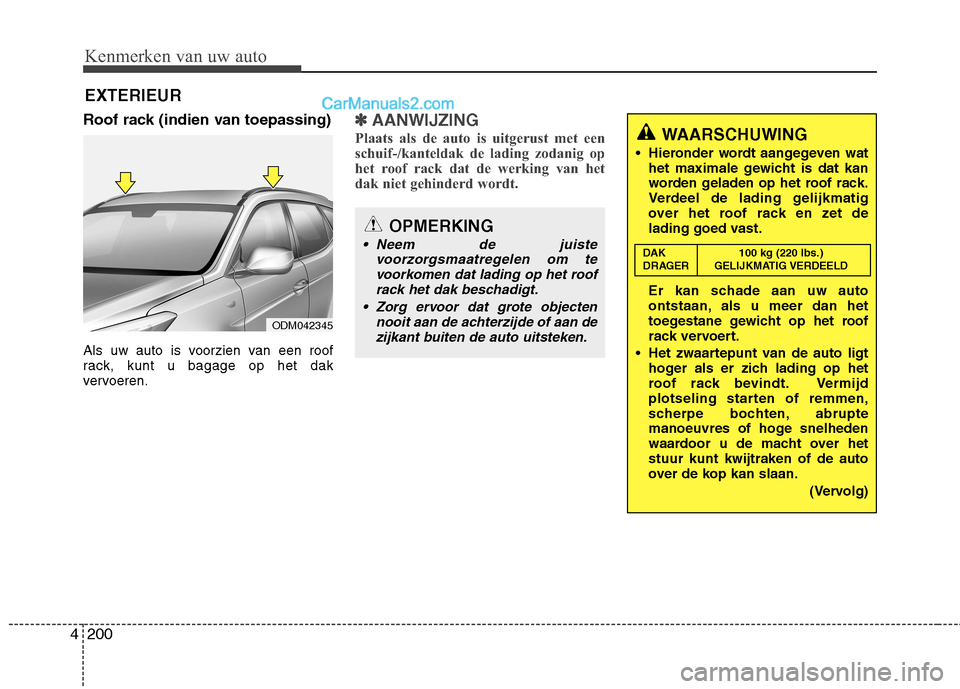 Hyundai Grand Santa Fe 2015 Handleiding (in Dutch) Kenmerken van uw auto
200
4
EXTERIEUR
Roof rack (indien van toepassing)
Als uw auto is voorzien van een roof
rack, kunt u bagage op het dak
vervoeren.
✽✽ AANWIJZING
Plaats als de auto is uitgeru Hyundai Grand Santa Fe 2015 Handleiding (in Dutch) Kenmerken van uw auto
200
4
EXTERIEUR
Roof rack (indien van toepassing)
Als uw auto is voorzien van een roof
rack, kunt u bagage op het dak
vervoeren.
✽✽ AANWIJZING
Plaats als de auto is uitgeru
