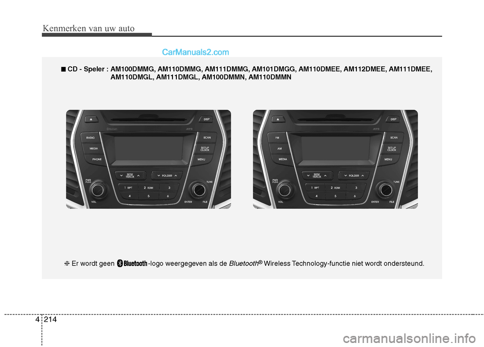 Hyundai Grand Santa Fe 2015 Handleiding (in Dutch) Kenmerken van uw auto
214
4
■■
CD - Speler : AM100DMMG, AM110DMMG, AM111DMMG, AM101DMGG, AM110DMEE, AM112DMEE, AM111DMEE,
AM110DMGL, AM111DMGL, AM100DMMN, AM110DMMN
❈ Er wordt geen -logo we Hyundai Grand Santa Fe 2015 Handleiding (in Dutch) Kenmerken van uw auto
214
4
■■
CD - Speler : AM100DMMG, AM110DMMG, AM111DMMG, AM101DMGG, AM110DMEE, AM112DMEE, AM111DMEE,
AM110DMGL, AM111DMGL, AM100DMMN, AM110DMMN
❈ Er wordt geen -logo we