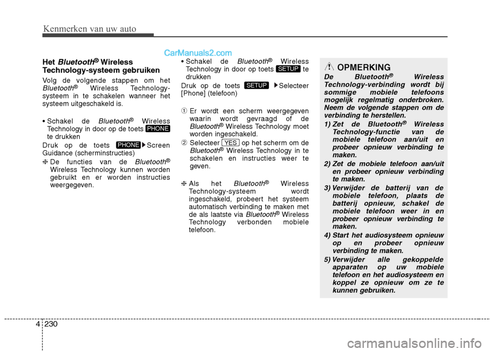 Hyundai Grand Santa Fe 2015  Handleiding (in Dutch) Kenmerken van uw auto
230
4
Het Bluetooth®
Wireless
Technology-systeem gebruiken 
Volg de volgende stappen om het
Bluetooth® Wireless Technology-
systeem in te schakelen wanneer het 
systeem uitgesc