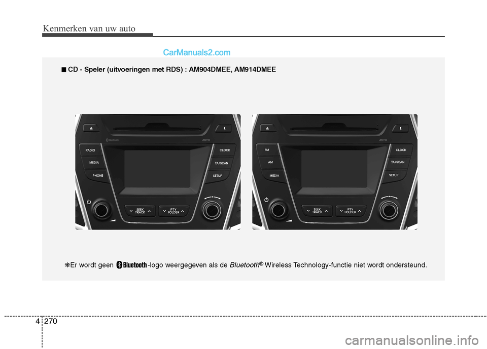 Hyundai Grand Santa Fe 2015  Handleiding (in Dutch) Kenmerken van uw auto
270
4
■■   
CD - Speler (uitvoeringen met RDS) : AM904DMEE, AM914DMEE
❋ Er wordt geen  -logo weergegeven als de 
Bluetooth® 
Wireless Technology-functie niet wordt onderst