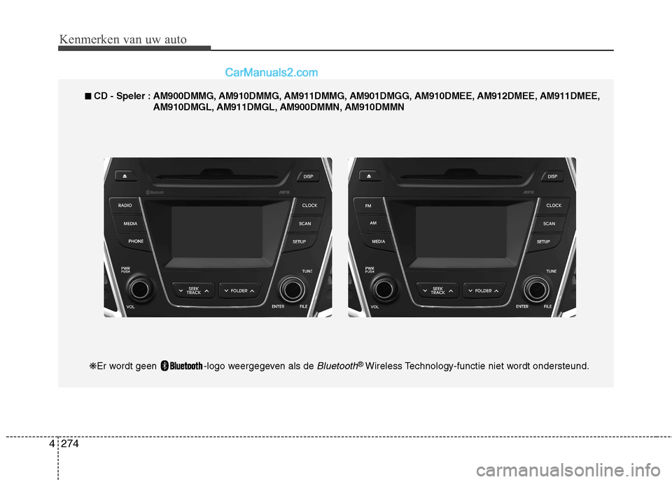 Hyundai Grand Santa Fe 2015 Handleiding (in Dutch) Kenmerken van uw auto
274
4
■■
CD - Speler : AM900DMMG, AM910DMMG, AM911DMMG, AM901DMGG, AM910DMEE, AM912DMEE, AM911DMEE,
AM910DMGL, AM911DMGL, AM900DMMN, AM910DMMN
❋ Er wordt geen -logo wee Hyundai Grand Santa Fe 2015 Handleiding (in Dutch) Kenmerken van uw auto
274
4
■■
CD - Speler : AM900DMMG, AM910DMMG, AM911DMMG, AM901DMGG, AM910DMEE, AM912DMEE, AM911DMEE,
AM910DMGL, AM911DMGL, AM900DMMN, AM910DMMN
❋ Er wordt geen -logo wee