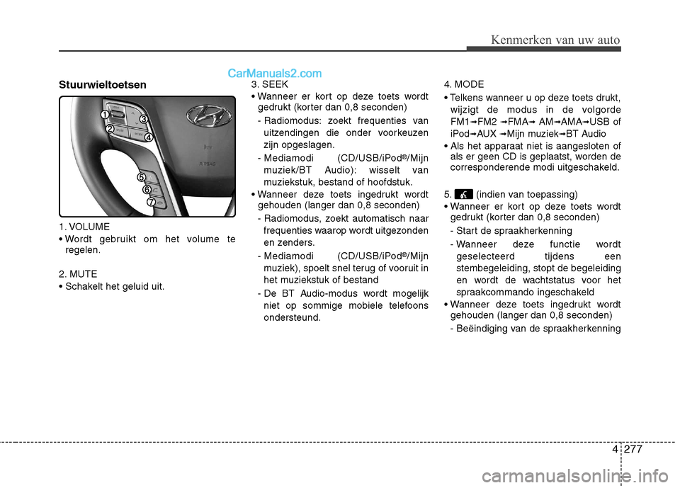 Hyundai Grand Santa Fe 2015 Handleiding (in Dutch) 4277
Kenmerken van uw auto
Stuurwieltoetsen
1. VOLUME
regelen.
2. MUTE
3. SEEK
gedrukt (korter dan 0,8 seconden)
- Radiomodus: zoekt frequenties van uitzendingen die onder voorkeuzen zijn opgeslag Hyundai Grand Santa Fe 2015 Handleiding (in Dutch) 4277
Kenmerken van uw auto
Stuurwieltoetsen
1. VOLUME
regelen.
2. MUTE
3. SEEK
gedrukt (korter dan 0,8 seconden)
- Radiomodus: zoekt frequenties van uitzendingen die onder voorkeuzen zijn opgeslag