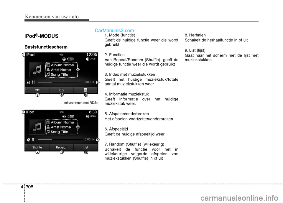 Hyundai Grand Santa Fe 2015  Handleiding (in Dutch) Kenmerken van uw auto
308
4
iPod ®
-MODUS
Basisfunctiescherm
<uitvoeringen met RDS>
1. Mode (functie) 
Geeft de huidige functie weer die wordt 
gebruikt 
2. Functies 
Van Repeat/Random (Shuffle), gee