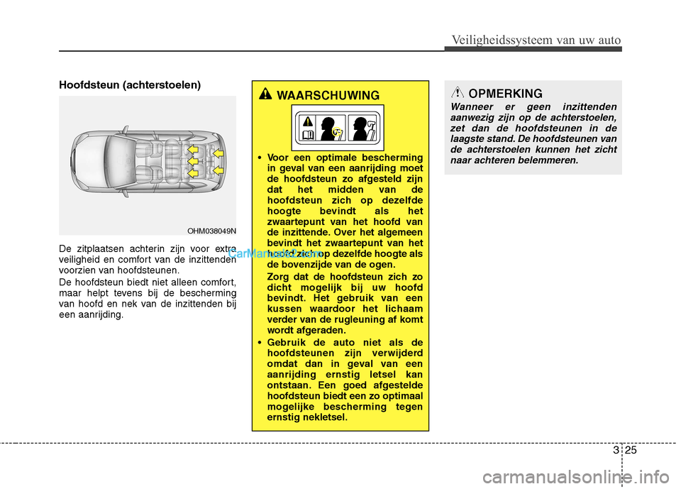 Hyundai Grand Santa Fe 2015  Handleiding (in Dutch) 325
Veiligheidssysteem van uw auto
Hoofdsteun (achterstoelen) 
De zitplaatsen achterin zijn voor extra 
veiligheid en comfort van de inzittenden
voorzien van hoofdsteunen. 
De hoofdsteun biedt niet al