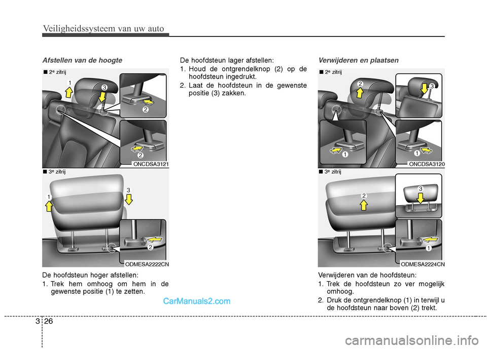 Hyundai Grand Santa Fe 2015  Handleiding (in Dutch) Veiligheidssysteem van uw auto
26
3
Afstellen van de hoogte
De hoofdsteun hoger afstellen: 
1. Trek hem omhoog om hem in de
gewenste positie (1) te zetten. De hoofdsteun lager afstellen:
1. Houd de on