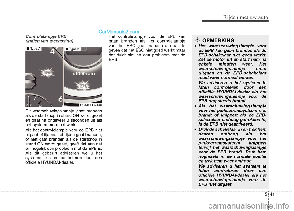 Hyundai Grand Santa Fe 2015 Handleiding (in Dutch) 541
Rijden met uw auto
Controlelampje EPB (indien van toepassing)
Dit waarschuwingslampje gaat branden
als de startknop in stand ON wordt gezet
en gaat na ongeveer 3 seconden uit als
het systeem norm Hyundai Grand Santa Fe 2015 Handleiding (in Dutch) 541
Rijden met uw auto
Controlelampje EPB (indien van toepassing)
Dit waarschuwingslampje gaat branden
als de startknop in stand ON wordt gezet
en gaat na ongeveer 3 seconden uit als
het systeem norm
