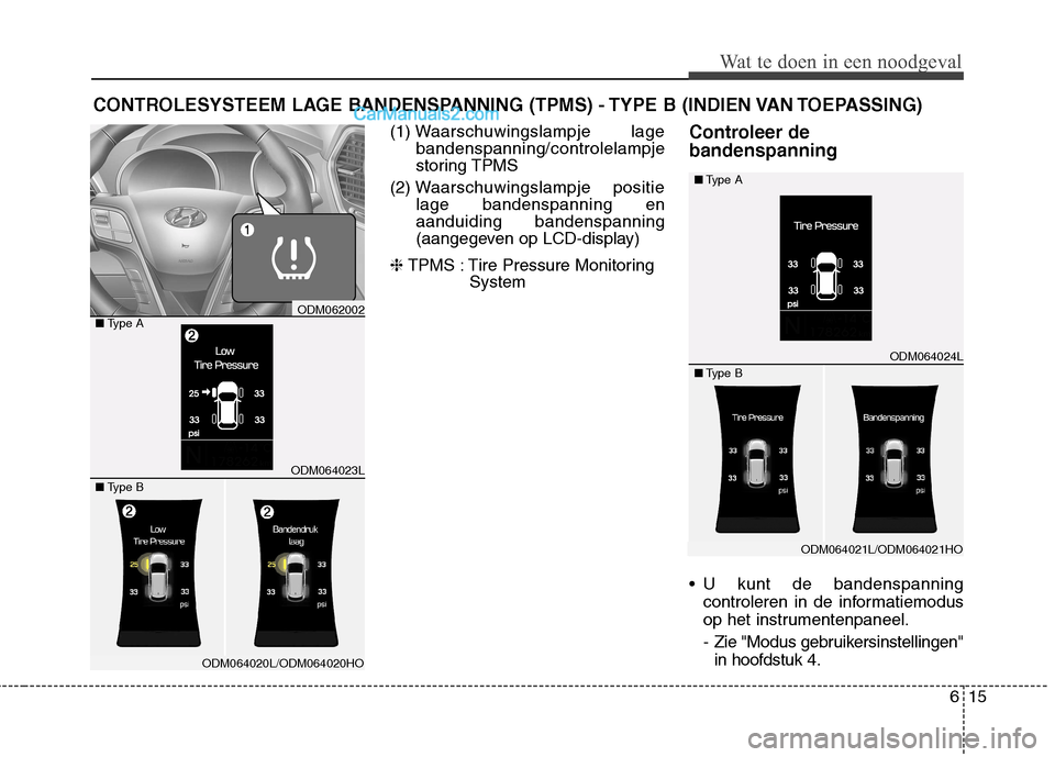 Hyundai Grand Santa Fe 2015  Handleiding (in Dutch) 615
Wat te doen in een noodgeval
CONTROLESYSTEEM LAGE BANDENSPANNING (TPMS) - TYPE B (INDIEN VAN TOEPASSING) (1) Waarschuwingslampje lage
bandenspanning/controlelampje 
storing TPMS
(2) W aarschuwings
