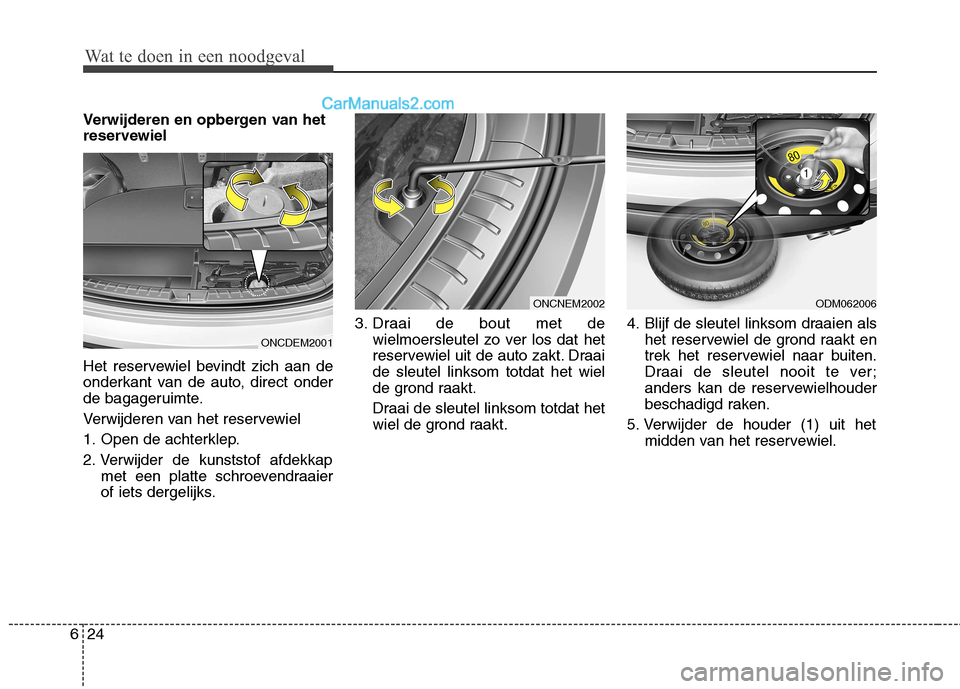 Hyundai Grand Santa Fe 2015 Handleiding (in Dutch) Wat te doen in een noodgeval
24
6
Verwijderen en opbergen van het
reservewiel
Het reservewiel bevindt zich aan de
onderkant van de auto, direct onder
de bagageruimte.
Verwijderen van het reservewi Hyundai Grand Santa Fe 2015 Handleiding (in Dutch) Wat te doen in een noodgeval
24
6
Verwijderen en opbergen van het
reservewiel
Het reservewiel bevindt zich aan de
onderkant van de auto, direct onder
de bagageruimte.
Verwijderen van het reservewi