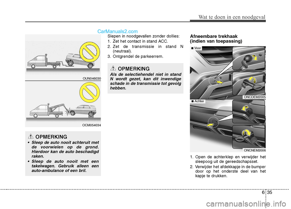 Hyundai Grand Santa Fe 2015  Handleiding (in Dutch) 635
Wat te doen in een noodgeval
Slepen in noodgevallen zonder dollies: 
1. Zet het contact in stand ACC.
2. Zet de transmissie in stand N(neutraal).
3. Ontgrendel de parkeerrem. Afneembare trekhaak 
