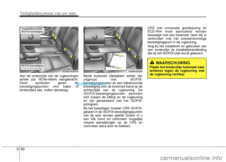 Hyundai Grand Santa Fe 2015  Handleiding (in Dutch) Veiligheidssysteem van uw auto
50
3
Aan de onderzijde van de rugleuningen 
achter zijn ISOfix-labels aangebracht.
Deze symbolen geven de
bevestigingspunten voor baby- of
kinderzitjes aan, indien aanwe