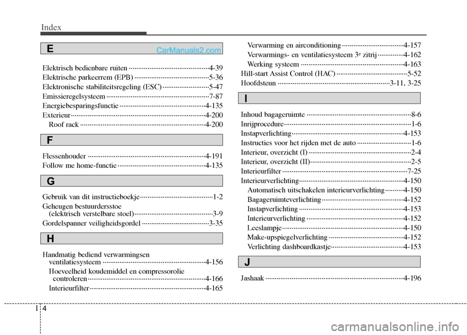 Hyundai Grand Santa Fe 2015  Handleiding (in Dutch) Index
4
I
Elektrisch bedienbare ruiten ···········································4-39 
Elektrische parkeerrem (EPB) ····················
