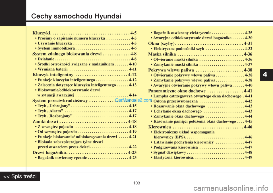 Hyundai Grand Santa Fe 2015  Instrukcja Obsługi (in Polish) Cechy samochodu HyundaiKluczyki. . . . . . . . . . . . . . . . . . . . . . . . . . . . . . . . . . . 4-5• Prosimy o zapisanie numeru kluczyka . . . . . . . . . . . . 4-5
• Używanie kluczyka . . .