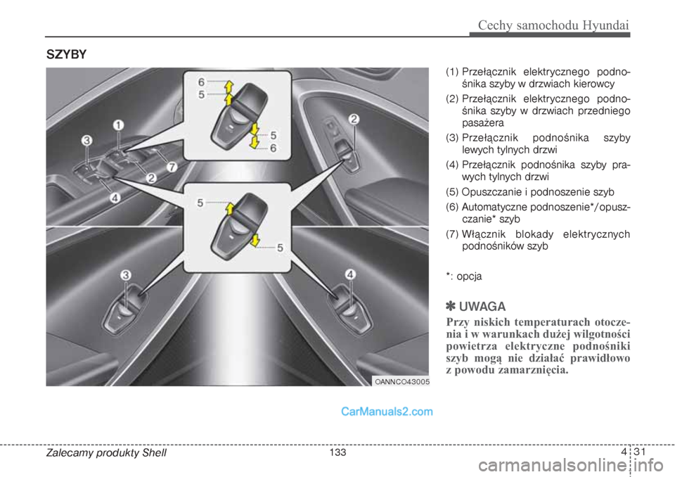 Hyundai Grand Santa Fe 2015 Instrukcja Obsługi (in Polish) 431
Cechy samochodu Hyundai
Zalecamy produkty Shell(1) Przełącznik elektrycznego podno-
śnika szyby w drzwiach kierowcy
(2) Przełącznik elektrycznego podno-
śnika szyby w drzwiach przedniego
pas Hyundai Grand Santa Fe 2015 Instrukcja Obsługi (in Polish) 431
Cechy samochodu Hyundai
Zalecamy produkty Shell(1) Przełącznik elektrycznego podno-
śnika szyby w drzwiach kierowcy
(2) Przełącznik elektrycznego podno-
śnika szyby w drzwiach przedniego
pas