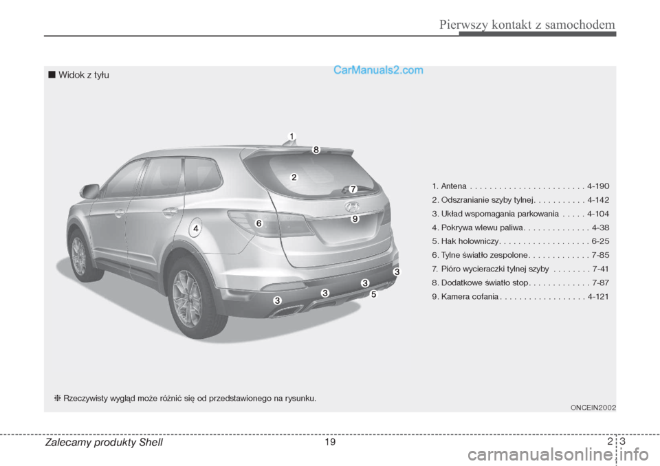 Hyundai Grand Santa Fe 2015  Instrukcja Obsługi (in Polish) 23
Pierwszy kontakt z samochodem
Zalecamy produkty Shell
1. Antena . . . . . . . . . . . . . . . . . . . . . . . . 4-190
2. Odszranianie szyby tylnej . . . . . . . . . . . 4-142
3. Układ wspomagania 
