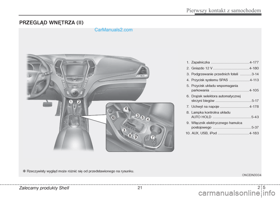 Hyundai Grand Santa Fe 2015 Instrukcja Obsługi (in Polish) 25
Pierwszy kontakt z samochodem
PRZEGLĄD WNĘTRZA (II)Zalecamy produkty Shell
1. Zapalniczka ..................................4-177
2. Gniazdo 12 V ................................4-180
3. Podgrze Hyundai Grand Santa Fe 2015 Instrukcja Obsługi (in Polish) 25
Pierwszy kontakt z samochodem
PRZEGLĄD WNĘTRZA (II)Zalecamy produkty Shell
1. Zapalniczka ..................................4-177
2. Gniazdo 12 V ................................4-180
3. Podgrze