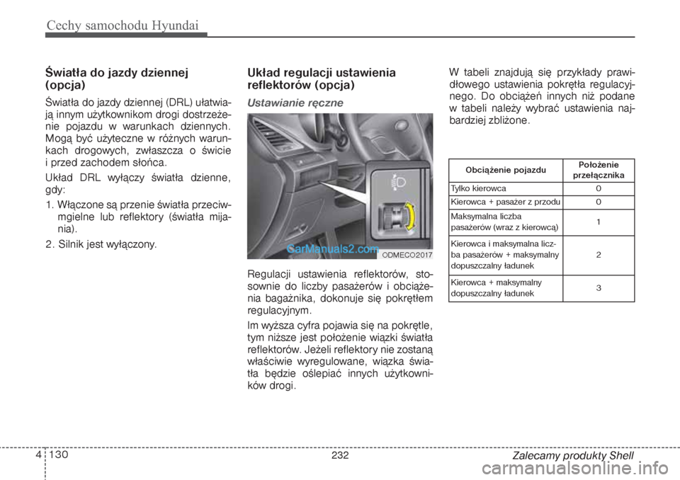 Hyundai Grand Santa Fe 2015 Instrukcja Obsługi (in Polish) Cechy samochodu Hyundai130 4
Zalecamy produkty Shell
Światła do jazdy dziennej
(opcja)Światła do jazdy dziennej (DRL) ułatwia-
ją innym użytkownikom drogi dostrzeże-
nie pojazdu w warunkach dz Hyundai Grand Santa Fe 2015 Instrukcja Obsługi (in Polish) Cechy samochodu Hyundai130 4
Zalecamy produkty Shell
Światła do jazdy dziennej
(opcja)Światła do jazdy dziennej (DRL) ułatwia-
ją innym użytkownikom drogi dostrzeże-
nie pojazdu w warunkach dz