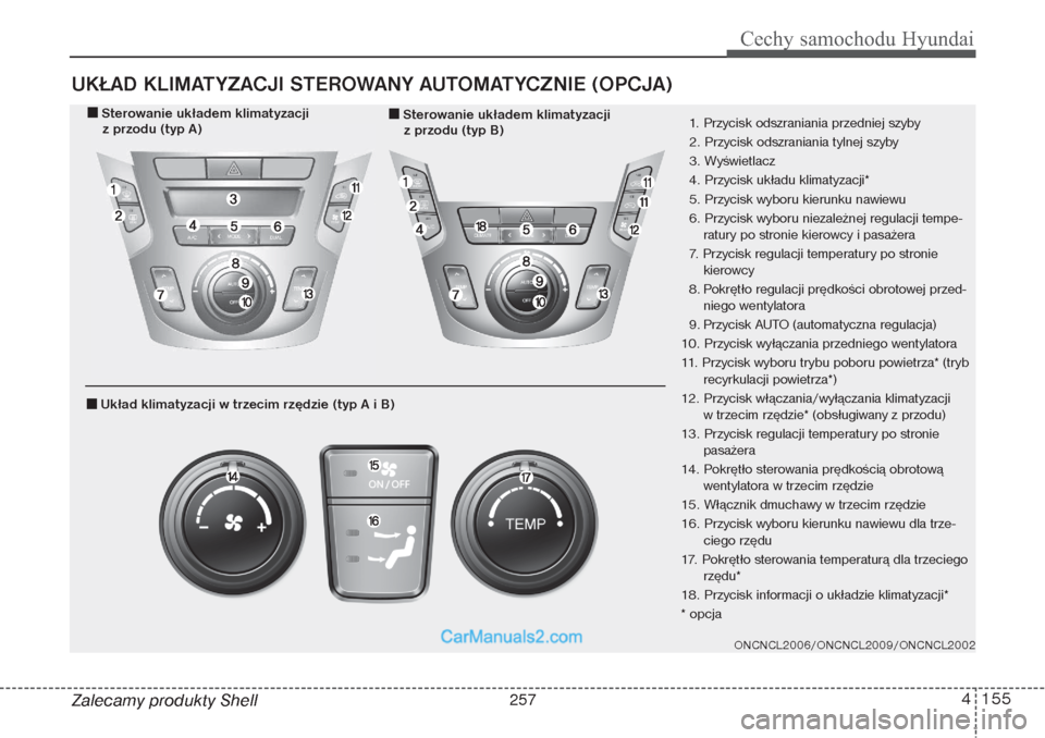Hyundai Grand Santa Fe 2015  Instrukcja Obsługi (in Polish) 4 155
Cechy samochodu Hyundai
Zalecamy produkty ShellUKŁAD KLIMATYZACJI STEROWANY AUTOMATYCZNIE (OPCJA)
ONCNCL2006/ONCNCL2009/ONCNCL2002
1. Przycisk odszraniania przedniej szyby
2. Przycisk odszrania