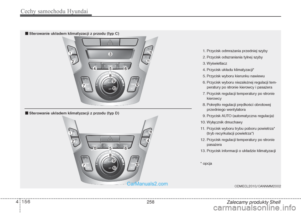 Hyundai Grand Santa Fe 2015  Instrukcja Obsługi (in Polish) Cechy samochodu Hyundai156 4
Zalecamy produkty Shell
ODMECL2010/OANNMM2002
1. Przycisk odmrażania przedniej szyby
2. Przycisk odszraniania tylnej szyby
3. Wyświetlacz
4. Przycisk układu klimatyzacj