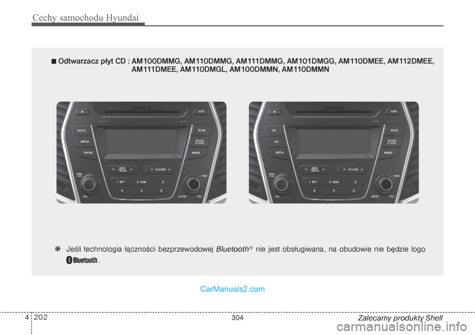 Hyundai Grand Santa Fe 2015  Instrukcja Obsługi (in Polish) Cechy samochodu Hyundai202 4
Zalecamy produkty Shell
 Jeśli technologia łączności bezprzewodowej Bluetooth
®nie jest obsługiwana, na obudowie nie będzie logo  
.
 Odtwarzacz płyt CD : AM100D
