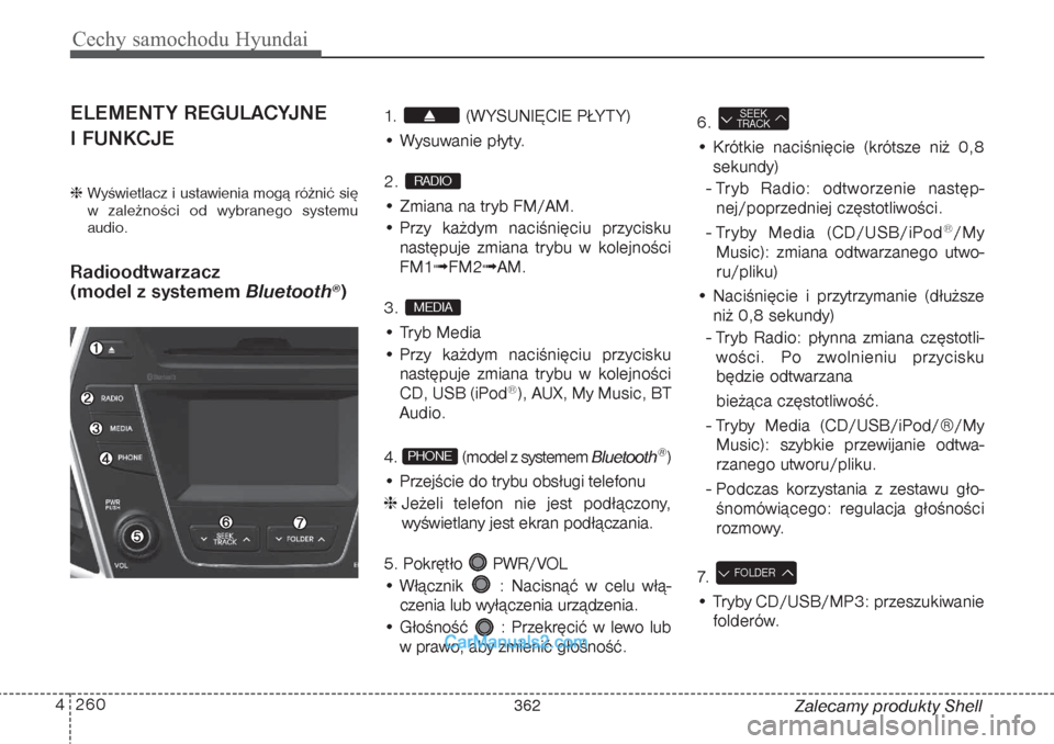 Hyundai Grand Santa Fe 2015  Instrukcja Obsługi (in Polish) Cechy samochodu Hyundai260 4
Zalecamy produkty Shell
ELEMENTY REGULACYJNE 
I FUNKCJE Wyświetlacz i ustawienia mogą różnić się
w zależności od wybranego systemu
audio.Radioodtwarzacz 
(model z