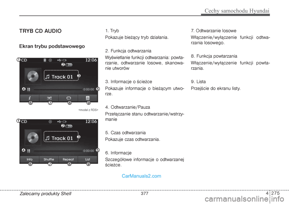 Hyundai Grand Santa Fe 2015  Instrukcja Obsługi (in Polish) 4 275
Cechy samochodu Hyundai
Zalecamy produkty ShellTRYB CD AUDIOEkran trybu podstawowego
<model z RDS>
1.  Tr y b
Pokazuje bieżący tryb działania.
2. Funkcja odtwarzania
Wyświetlanie funkcji odt