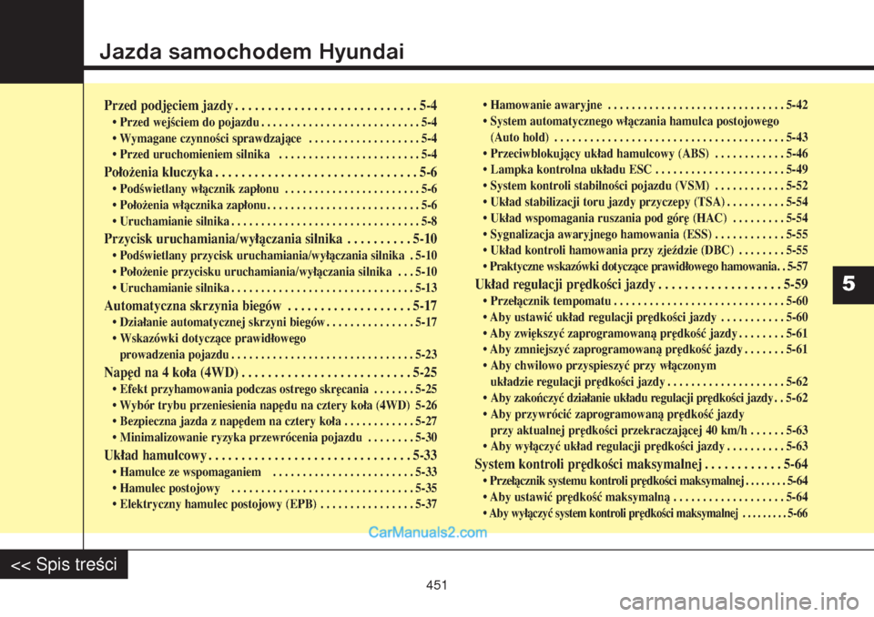 Hyundai Grand Santa Fe 2015  Instrukcja Obsługi (in Polish) Jazda samochodem HyundaiPrzed podjęciem jazdy . . . . . . . . . . . . . . . . . . . . . . . . . . . . 5-4• Przed wejściem do pojazdu . . . . . . . . . . . . . . . . . . . . . . . . . . . 5-4
• W