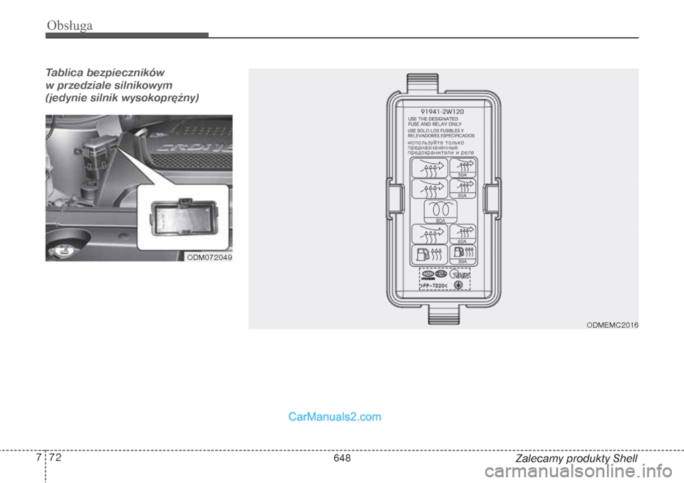Hyundai Grand Santa Fe 2015  Instrukcja Obsługi (in Polish) Obsługa72 7
Zalecamy produkty Shell
Tablica bezpieczników 
w przedziale silnikowym 
(jedynie silnik wysokoprężny)
ODM072049
ODMEMC2016
648  