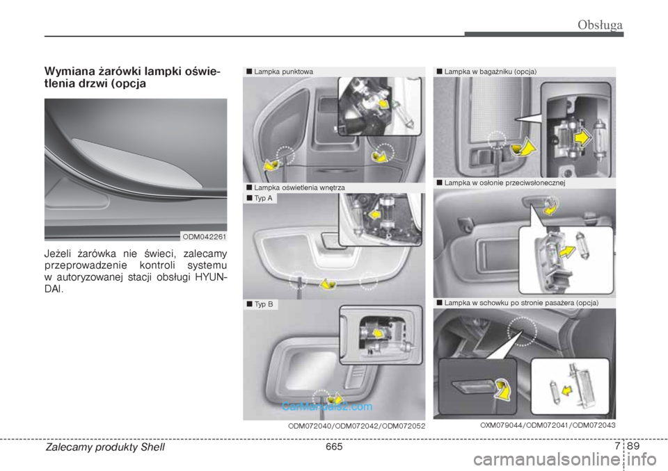 Hyundai Grand Santa Fe 2015 Instrukcja Obsługi (in Polish) 789
Obsługa
Zalecamy produkty ShellWymiana żarówki lampki oświe-
tlenia drzwi (opcjaJeżeli żarówka nie świeci, zalecamy
przeprowadzenie kontroli systemu
w autoryzowanej stacji obsługi HYUN-
Hyundai Grand Santa Fe 2015 Instrukcja Obsługi (in Polish) 789
Obsługa
Zalecamy produkty ShellWymiana żarówki lampki oświe-
tlenia drzwi (opcjaJeżeli żarówka nie świeci, zalecamy
przeprowadzenie kontroli systemu
w autoryzowanej stacji obsługi HYUN-