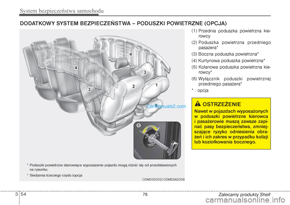 Hyundai Grand Santa Fe 2015 Instrukcja Obsługi (in Polish) System bezpieczeństwa samochodu54 3
Zalecamy produkty Shell (1) Przednia poduszka powietrzna kie-
rowcy
(2) Poduszka powietrzna przedniego
pasażera*
(3) Boczna poduszka powietrzna*
(4) Kurtynowa pod Hyundai Grand Santa Fe 2015 Instrukcja Obsługi (in Polish) System bezpieczeństwa samochodu54 3
Zalecamy produkty Shell (1) Przednia poduszka powietrzna kie-
rowcy
(2) Poduszka powietrzna przedniego
pasażera*
(3) Boczna poduszka powietrzna*
(4) Kurtynowa pod