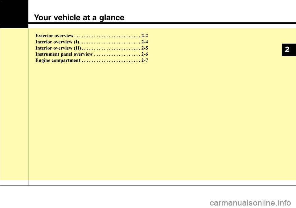 Hyundai Grand Santa Fe 2014  Owners Manual Your vehicle at a glance
Exterior overview . . . . . . . . . . . . . . . . . . . . . . . . . . . 2-2
Interior overview (I). . . . . . . . . . . . . . . . . . . . . . . . . 2-4
Interior overview (II) .