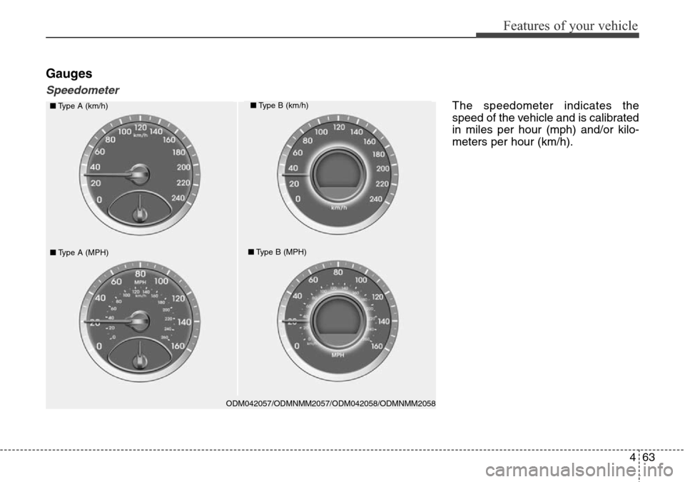 Hyundai Grand Santa Fe 2014  Owners Manual 463
Features of your vehicle
Gauges
Speedometer
ODM042057/ODMNMM2057/ODM042058/ODMNMM2058
■Type A (km/h)■Type B (km/h)
■Type A (MPH)■Type B (MPH)
The speedometer indicates the
speed of the veh