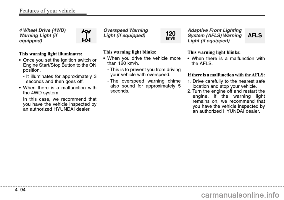 Hyundai Grand Santa Fe 2014 Owners Manual Features of your vehicle
94 4
4 Wheel Drive (4WD)
Warning Light (if
equipped)
This warning light illuminates:
• Once you set the ignition switch or
Engine Start/Stop Button to the ON
position.
- It Hyundai Grand Santa Fe 2014 Owners Manual Features of your vehicle
94 4
4 Wheel Drive (4WD)
Warning Light (if
equipped)
This warning light illuminates:
• Once you set the ignition switch or
Engine Start/Stop Button to the ON
position.
- It