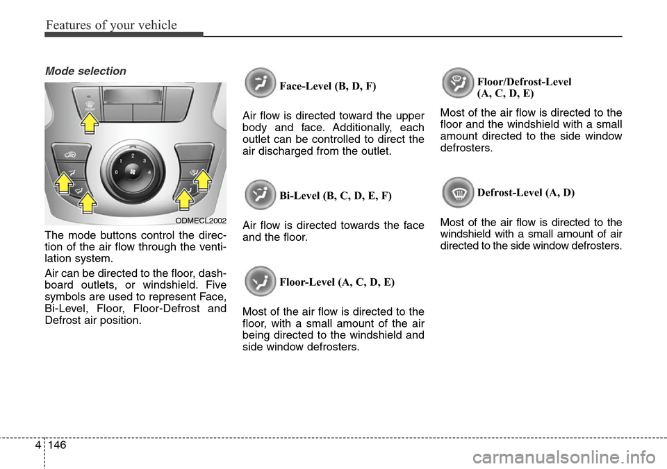 Hyundai Grand Santa Fe 2014 Owners Manual Features of your vehicle
146 4
Mode selection
The mode buttons control the direc-
tion of the air flow through the venti-
lation system.
Air can be directed to the floor, dash-
board outlets, or winds Hyundai Grand Santa Fe 2014 Owners Manual Features of your vehicle
146 4
Mode selection
The mode buttons control the direc-
tion of the air flow through the venti-
lation system.
Air can be directed to the floor, dash-
board outlets, or winds