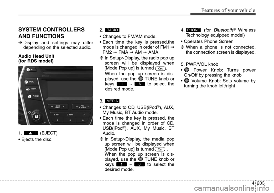 Hyundai Grand Santa Fe 2014 Owners Guide 4203
Features of your vehicle
SYSTEM CONTROLLERS
AND FUNCTIONS
❈Display and settings may differ
depending on the selected audio.
Audio Head Unit
(for RDS model)
1. (EJECT)
• Ejects the disc.2.
•
