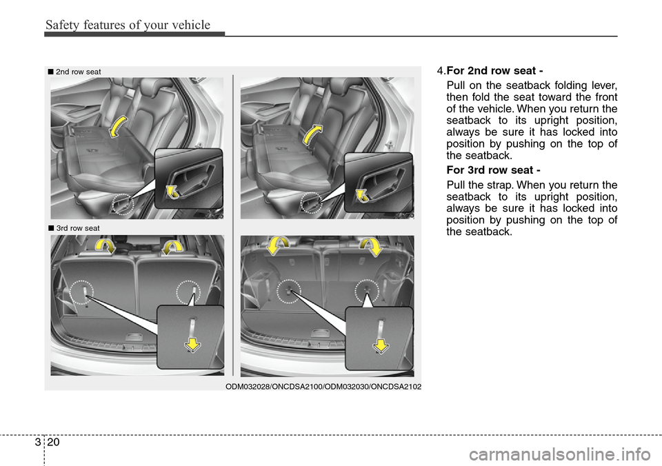 Hyundai Grand Santa Fe 2014 Owners Guide Safety features of your vehicle
20 3
4.For 2nd row seat -
Pull on the seatback folding lever,
then fold the seat toward the front
of the vehicle. When you return the
seatback to its upright position,
