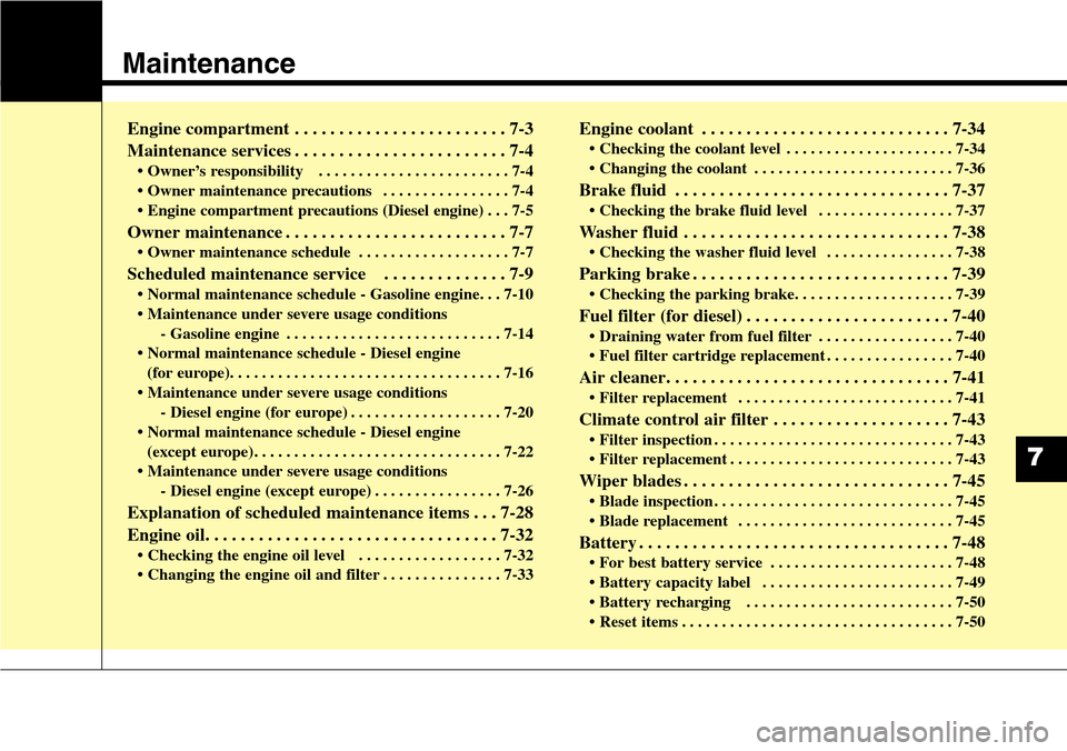 Hyundai Grand Santa Fe 2014  Owners Manual Maintenance
Engine compartment . . . . . . . . . . . . . . . . . . . . . . . . 7-3
Maintenance services . . . . . . . . . . . . . . . . . . . . . . . . 7-4
• Owner’s responsibility   . . . . . . .