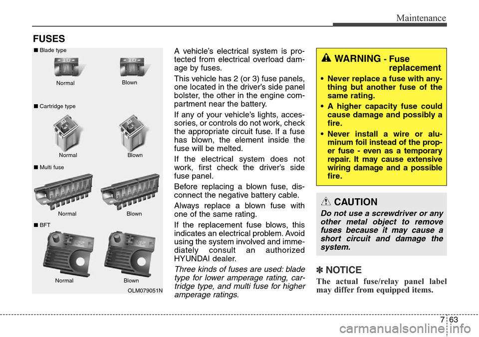 Hyundai Grand Santa Fe 2014 Owners Manual 763
Maintenance
FUSES
A vehicle’s electrical system is pro-
tected from electrical overload dam-
age by fuses.
This vehicle has 2 (or 3) fuse panels,
one located in the driver’s side panel
bolster Hyundai Grand Santa Fe 2014 Owners Manual 763
Maintenance
FUSES
A vehicle’s electrical system is pro-
tected from electrical overload dam-
age by fuses.
This vehicle has 2 (or 3) fuse panels,
one located in the driver’s side panel
bolster