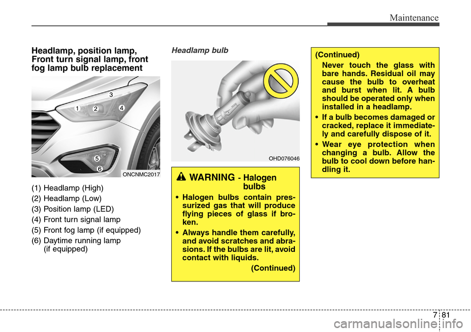 Hyundai Grand Santa Fe 2014 Owners Manual 781
Maintenance
(Continued)
Never touch the glass with
bare hands. Residual oil may
cause the bulb to overheat
and burst when lit. A bulb
should be operated only when
installed in a headlamp.
• If a Hyundai Grand Santa Fe 2014 Owners Manual 781
Maintenance
(Continued)
Never touch the glass with
bare hands. Residual oil may
cause the bulb to overheat
and burst when lit. A bulb
should be operated only when
installed in a headlamp.
• If a