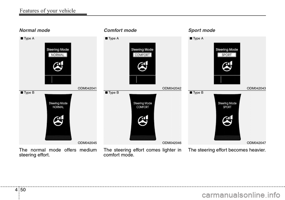 Hyundai Grand Santa Fe 2013  Owners Manual Features of your vehicle
50 4
Normal mode
The normal mode offers medium
steering effort.
Comfort mode
The steering effort comes lighter in
comfort mode.
Sport mode
The steering effort becomes heavier.